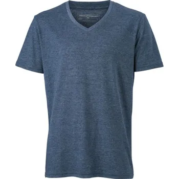 James & Nicholson Pánské melírované tričko s výstřihem do V - XL blue melange