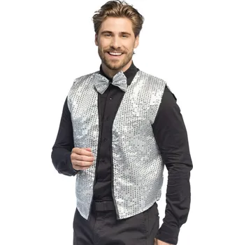 Karnevalový kostým Stříbrná flitrová sada (vesta L/XL a motýlek)