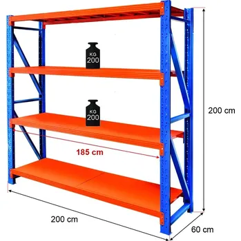 Dílenský regál Regalydoskladu Kovový skladový regál se 4 policemi FORTIS 200x200x60 cm, základní modul