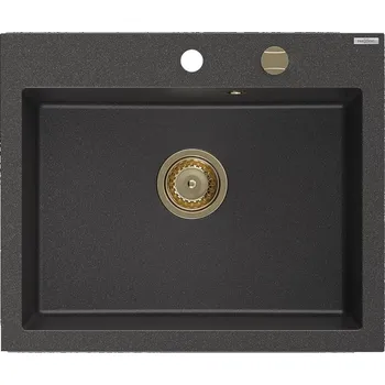 Kuchyňský dřez Jednodřezový žulový dřez Mexen Elix 600 x 500 mm, černá tečka, zlatý sifon - 6525601005-76-G