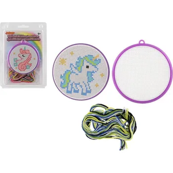 Vyšívací plátno Vyšívání křížkovým stehem jednorožec vyšívací rámeček 1 předloha 6 bavlnek v blistru 12,5x18x1cm