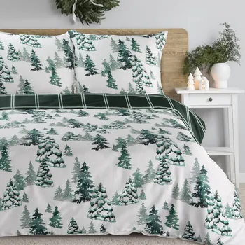 Povlečení Vánoční povlečení 220x200 cm saténová bavlna, bílé a tmavě zelené