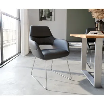 Jídelní židle DELIFE Jídelní židle Yago-Flex s područkami pravá kůže černá tenká podnož nerezová ocel taštičkové pružiny