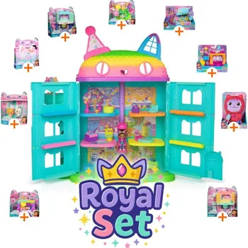 Domeček pro panenku Gábinin kouzelný domek Royal set: Gábinin kouzelný domek velký dům oslava s 9 doplňky + plyšový DJ Catnip ZDARMA 60 cm