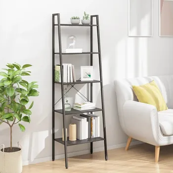 Knihovna Žebříkový regál s 5 policemi, ocelový, černý, 56 x 35 x 174 cm