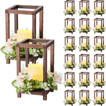 Svatební dekorace VEVOR 20 sada/60 ks dřevěná svatební lucerna středový prvek, včetně 20 dřevěných svícnů na lucernu, 20 bezplamenných LED svíček, 20 šampaňských květinových věnců pro svatební stůl, párty, farmářskou dekoraci, hnědá