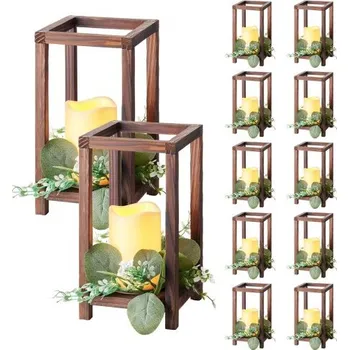 Svatební dekorace VEVOR 12 sada/36 ks dřevěná svatební lucerna, obsahuje 12 dřevěných svícnů, 12 bezplamenných LED svíček, 12 věnců z eukalyptových listů pro svatební stůl, párty, farmářskou dekoraci, hnědá