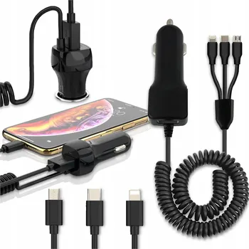 NABÍJEČKA KABEL 3v1 DO AUTA Z ZÁSUVKY ZAPALOVAČE TYP-C LIGHTNING MICROUSB 1M