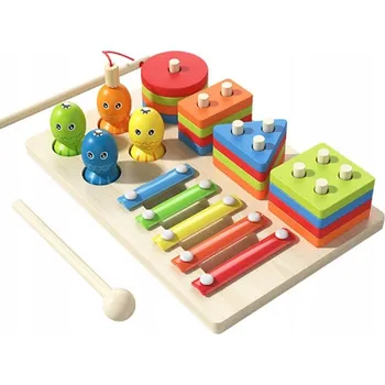 Dřevěná hračka Dřevěná Montessori hračka – Třídič, xylofon a rybaření 3v1 W101