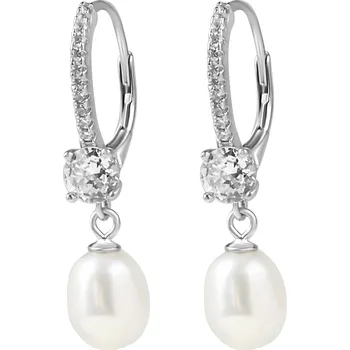 Náušnice Stříbrné visací náušnice s říční perlou a zirkony - Meucci SP116E