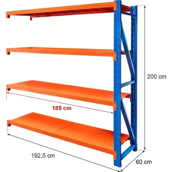 Dílenský regál Regalydoskladu Kovový skladový regál se 4 policemi FORTIS 200x192,5x60 cm, přídavný modul