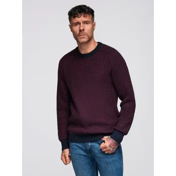 Pánský svetr Pánský svetr s kontrastní vazbou a kulatým výstřihem – kaštanově hnědý V1 OM-SWSW-0122