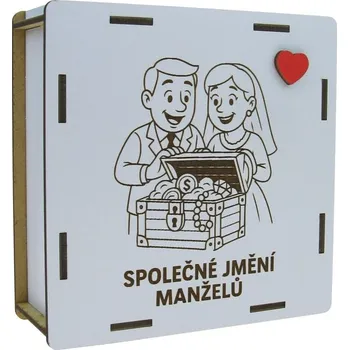 Pokladnička Dřevěná odškrtávací pokladnička "Společné jmění manželů" 15 cm (Dřevěná pokladnička s nápisem)