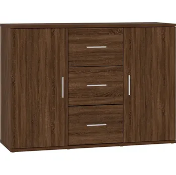 Komoda Minimalistická skříňka se 2 dvířky a 3 zásuvkami, Hnědý dub, 91x29,5x65