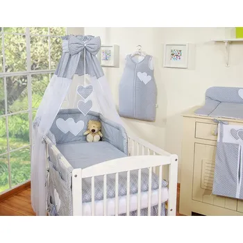 Povlečení 5dílná souprava Povlečení 120x90 cm s nebesy - Závěsné Srdíčka puntíky na šedém