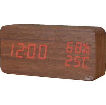 Hodiny BUDÍK Elektronický LED Dřevěný Stojící – DATUM TEPLOMĚR VLHKOMĚR