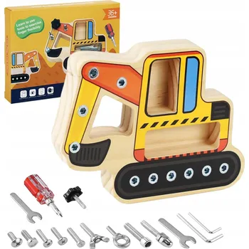 Dřevěná hračka MONTESSORI HRAČKA BUSY BOARD BAGR DŘEVĚNÝ do školky pro děti