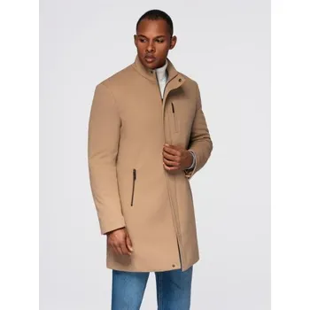Pánský trenčkot Strukturovaný pánský kabát s vysokým límcem – světle hnědý V4 OM-COWC-0136