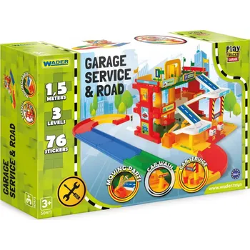 autodráha Garáž servis 3 patra + dráha 1,5m + 2 auta plast v krabici 59x40x15cm Wader