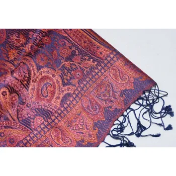 Šála Hedvábná šála Jamawar malá - Noční modrá a oranžová s ornamenty