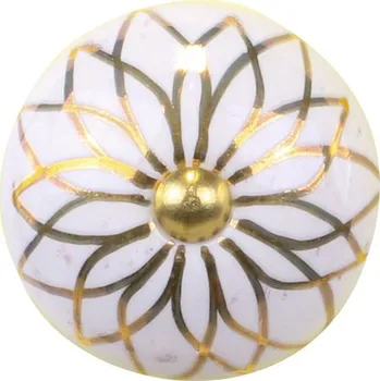 Dveřní kování Bílá antik porcelánová úchytka s mosaznou květinou Cruz - Ø 4*6,5 cm