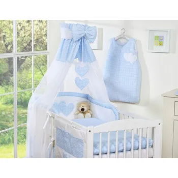 Povlečení 5dílná souprava Povlečení 120x90 cm s nebesy - Závěsné Srdíčka modrá kostka