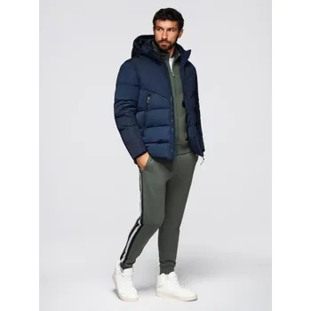 Pánská bunda s asymetrickým prošíváním a kapucí – tmavě modrá V4 OM-JAHP-0304