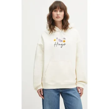 Dámská mikina Bavlněná mikina HUGO Dalessandra_2 dámská, béžová barva, s kapucí, s potiskem, 50555814 01X, vel. L