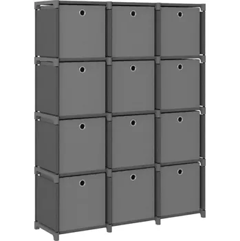Knihovna Regál s 12 Úložnými Boxy, Ocel a Látka, Šedý, 103x30x141 cm