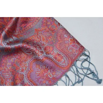 Šála Hedvábná šála Jamawar malá - Blankytně modrá a oranžová s ornamenty