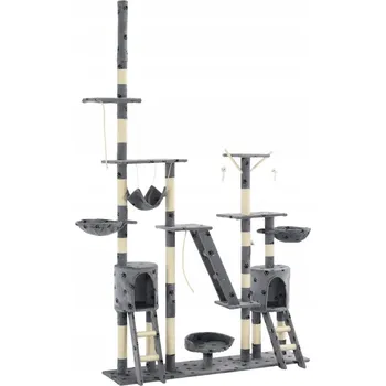 Škrabadlo pro kočky, víceúrovňové s domečky a houpací sítí, šedé s tlapkami, 147 cm