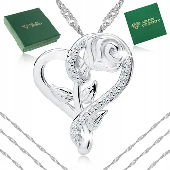 Náhrdelník STŘÍBRNÝ NÁHRDELNÍK SRDCE S RŮŽÍ RYZOST 925 ŘETÍZEK PŘÍVĚSEK 50 CM DÁREK