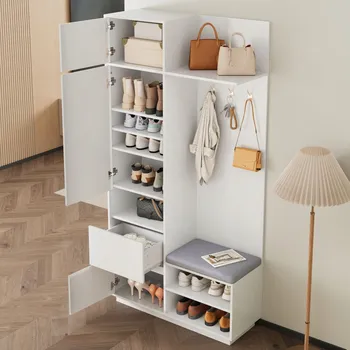 Šatní skříň Skříň v předsíni s policí na boty a věšáky Se zrcadlem a lavicí Bílá