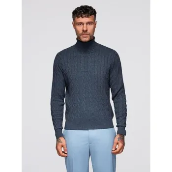 Pánský svetr Pánský svetr s rolákem a kostkovaným vzorem – tmavě modrá V3 OM-SWTN-0157
