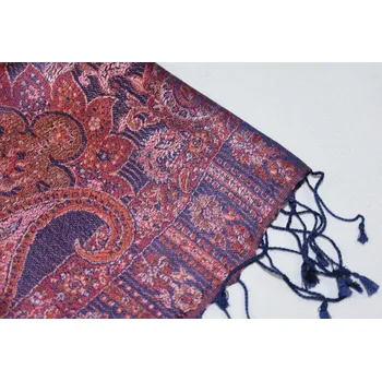 Šála Hedvábná šála Jamawar malá - Noční modrá a růžová s ornamenty