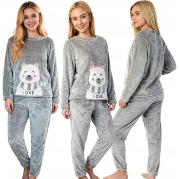 Dámské pyžamo Velurové dámské pyžamo s hřejivou podšívkou a roztomilým medvídkem, volný střih, šedé, velikost L