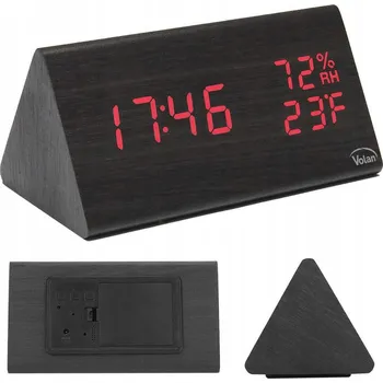 Budík BUDÍK Elektronický LED Dřevěný Stojící – DATUM TEPLOMĚR VLHKOMĚR