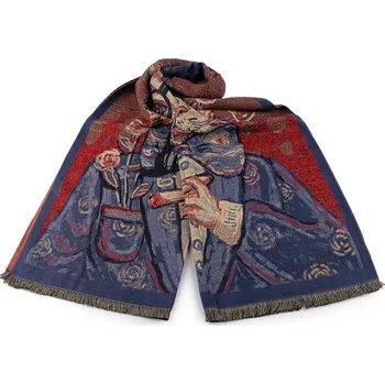 Šála Šátek / šála s třásněmi oboustranná kočky 70x185 cm - 15 modrá