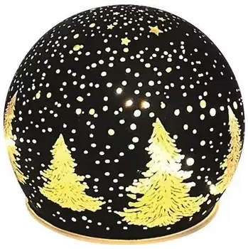 Vánoční dekorace Svítící skleněná koule s motivem les, černá, o 10 cm, teplá bílá, 10 LED, časovač