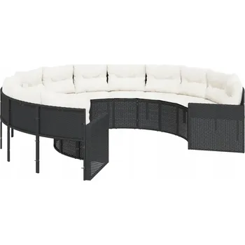 Zahradní pohovka Kulatá zahradní pohovka z PE ratanu černá, 287x70 cm, Polštáře krémové