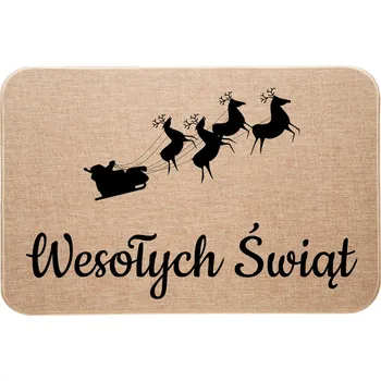 Vánoční dekorace Vánoční lněná rohožka - Saně s Mikulášem a sobem - Veselé Vánoce