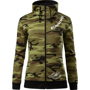 Dámská mikina Running nápis šikmo - Dámská mikina trendy zipper s kapucí - M ( Zelený maskáč )