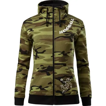 Dámská mikina Handball nápis šikmo 1 - Dámská mikina trendy zipper s kapucí - XS ( Zelený maskáč )