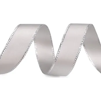 Stuha Atlasová stuha s lurexovým okrajem a drátem šíře 24 mm, střední, 841 šedá nejsvětlejší stříbrná