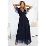 Numoco basic Numoco MELANIA dlouhé, lesklé šaty s výstřihem a krátkými rukávy - tmavě modré 635-3 Barva: Modrá, Velikost: UNI