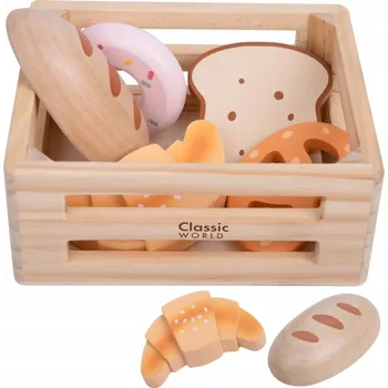 Dřevěná hračka DŘEVĚNÁ SADA PEČIVA V BEDÝNCE KOŠÍKU PEKÁRNA CLASSIC WORLD