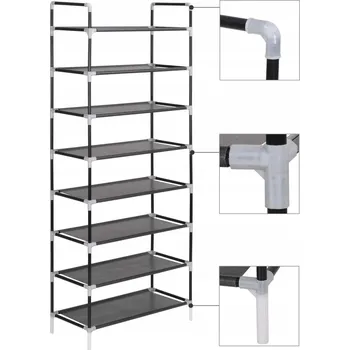 Botník Stojan na boty s 8 policemi, kov/plast/netkaná textilie, 60x29,5x134 cm, černý