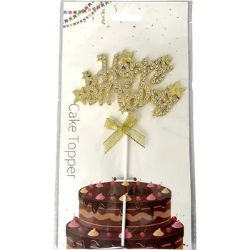 Jedlá dekorace na dort Dortisimo Zápich do dortu zlatý Happy Birthday s mašlí