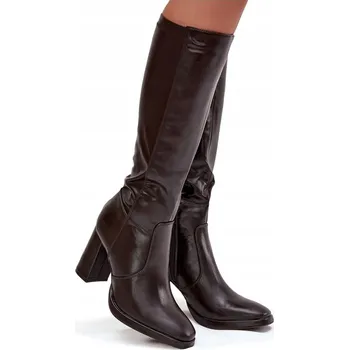 Dámské kozačky DÁMSKÉ KOZAČKY Z EKOKŮŽE NA PODPATKU TYPU SLOUPEK ZATEPLENÉ ZIP BORDÓ 41