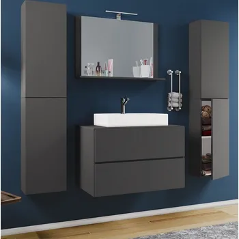 Koupelnový nábytek Vcm 5dílná umyvadlová skříňka Lendas XL 60 cm se zrcadlem a 2 vysokými skříňkami, antracitová